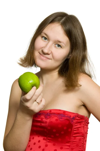 Portarit Entzückende Junge Frau Mit Grünem Apfel Über Weißem — Stockfoto