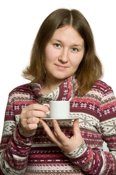 Porträtt Bedårande Kvinna Med Cup Över Vita — Stockfoto