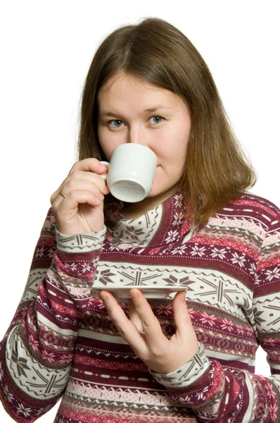 Mulher Adorável Está Bebendo Café Chá Sobre Branco — Fotografia de Stock