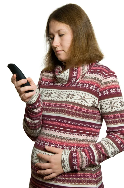Schwangere Mit Telefon Über Weiß — Stockfoto