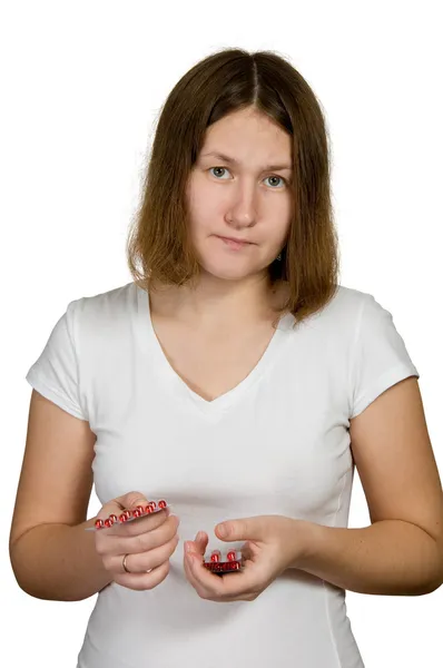 Femme Enceinte Avec Des Pilules Sur Blanc — Photo