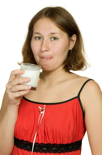 Adorable Mujer Beber Leche Sobre Blanco — Foto de Stock