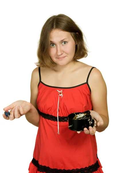 Astonished Woman Broken Clock Abortive Attempt White — Stock Photo, Image