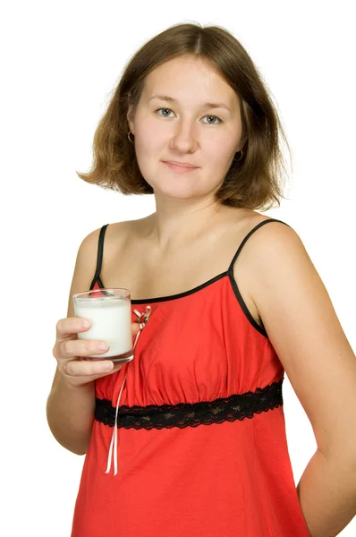 Adorable Mujer Wth Vaso Leche Sobre Blanco —  Fotos de Stock