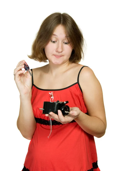 Adorable Woman Trying Repair Broken Alarm Clock — Stock Photo, Image