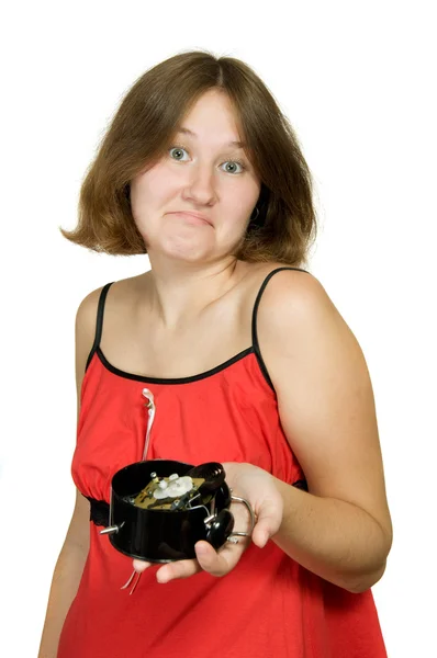 Retrato Mujer Atractiva Con Despertador Roto Sobre Blanco —  Fotos de Stock