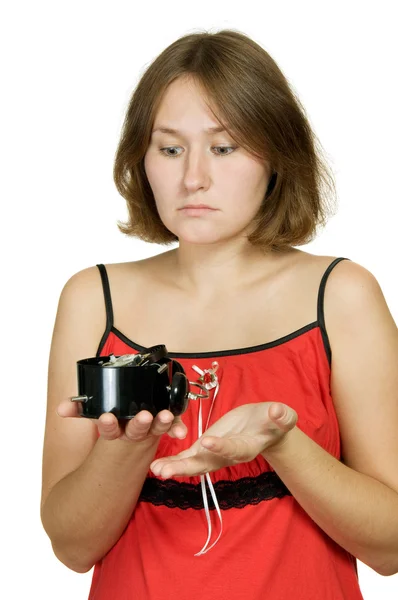 Aantrekkelijke Vrouw Zien Gebroken Alarm Klok Met Medelijden — Stockfoto