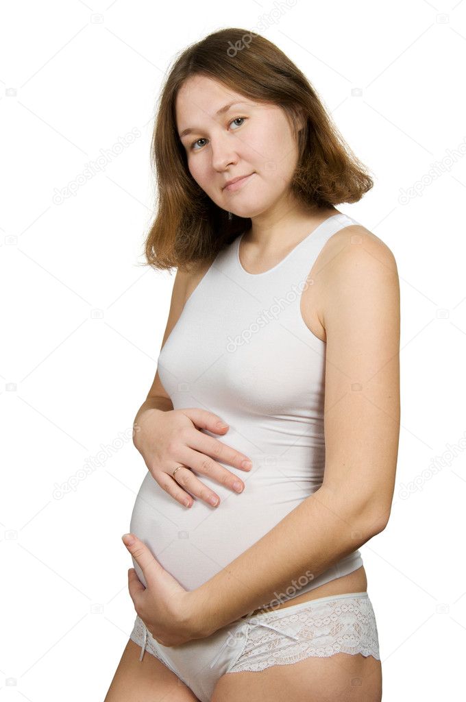 Happy expectant mother over white