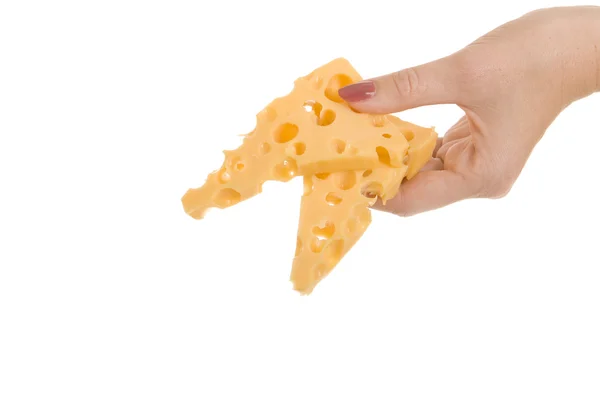 Dvě trojúhelníkové plátky sýra v rukou dívky — Stock fotografie
