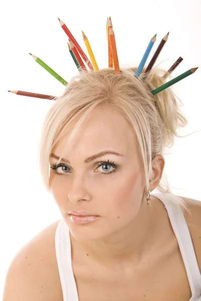 Molto bella bionda con un mazzo di matite colorate su sfondo bianco — Foto Stock