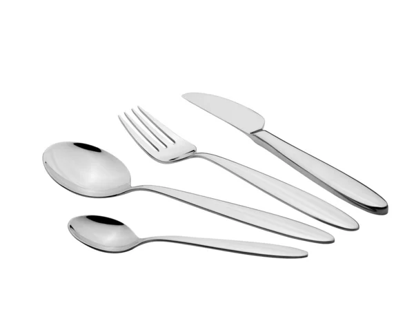 Zilverwerk set met vork, mes, en lepels (uitknippad) — Stockfoto