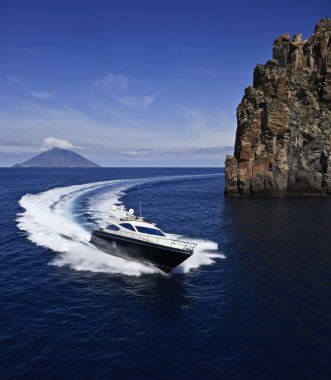 Italy, Sicily, Panaresa Island, luxury yacht, aerial view