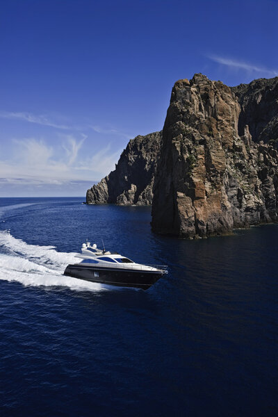 Italy, Sicily, Panaresa Island, luxury yacht, aerial view