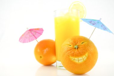 Freshness oranges with juice smile on a white background clipart