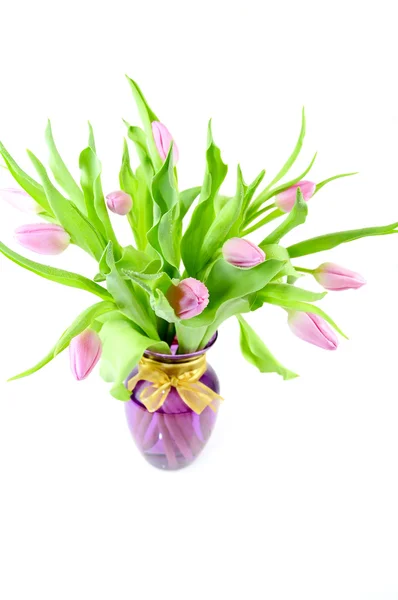 Kytice Pokles Růžové Tulipány Váza Bílém Pozadí — Stock fotografie