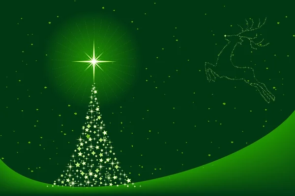 Green abstract Christmas background with Christmas tree and reindeer — Stock Vector