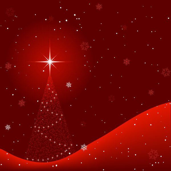 Мирная зимняя сцена со снегопадом и рождественской елкой
