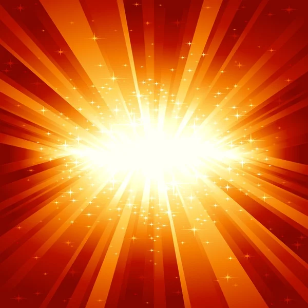 Vermelho explosão de luz dourada com estrelas — Vetor de Stock