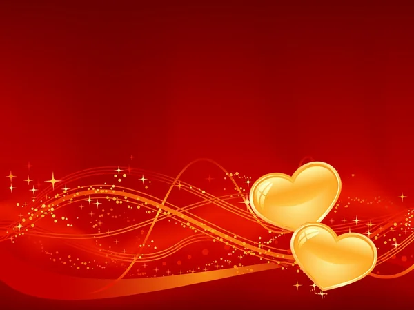 Romantischer Hintergrund in Rot mit zwei goldenen Herzen — Stockvektor