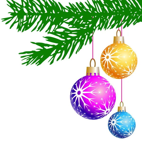 Πολύχρωμα Χριστουγεννιάτικα μπαλάκια και πράσινο κλαδί — Διανυσματικό Αρχείο