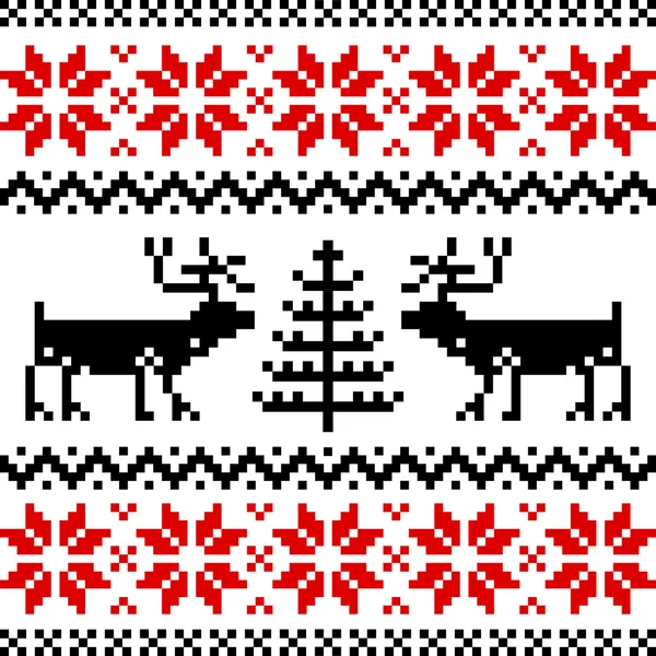 北欧模式与孤立在白色背景上的鹿 黑色和红色 Silhoeuttes — 图库矢量图片