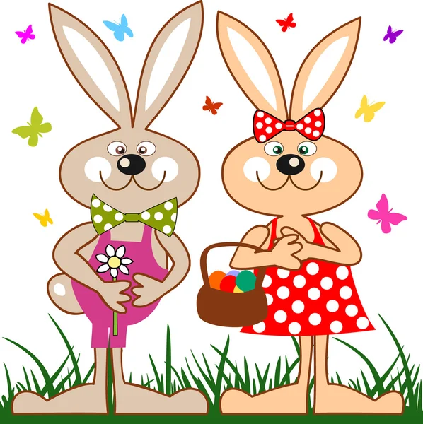 Easter Bunny Family Green Grass Basket Eggs — Stock Vector