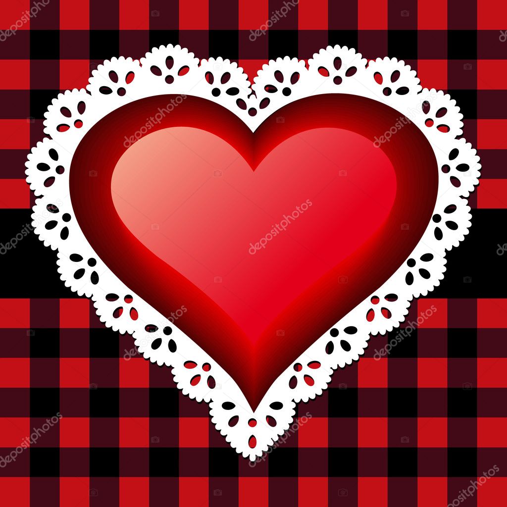 Red glossy heart with white lace on a checkered background.