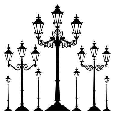 Set of antique retro street light lamps, isolated on white background, full scalable vector graphic. clipart