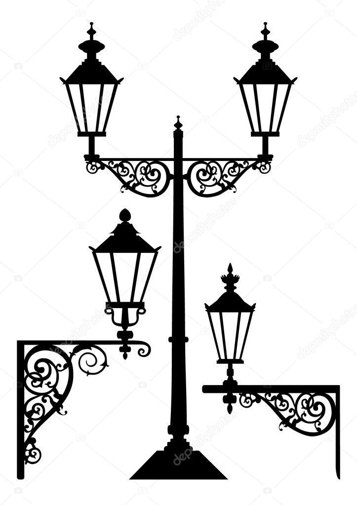 Set of street lights lamps, vector black silhouettes isolated on white, full scalable vector graphic.