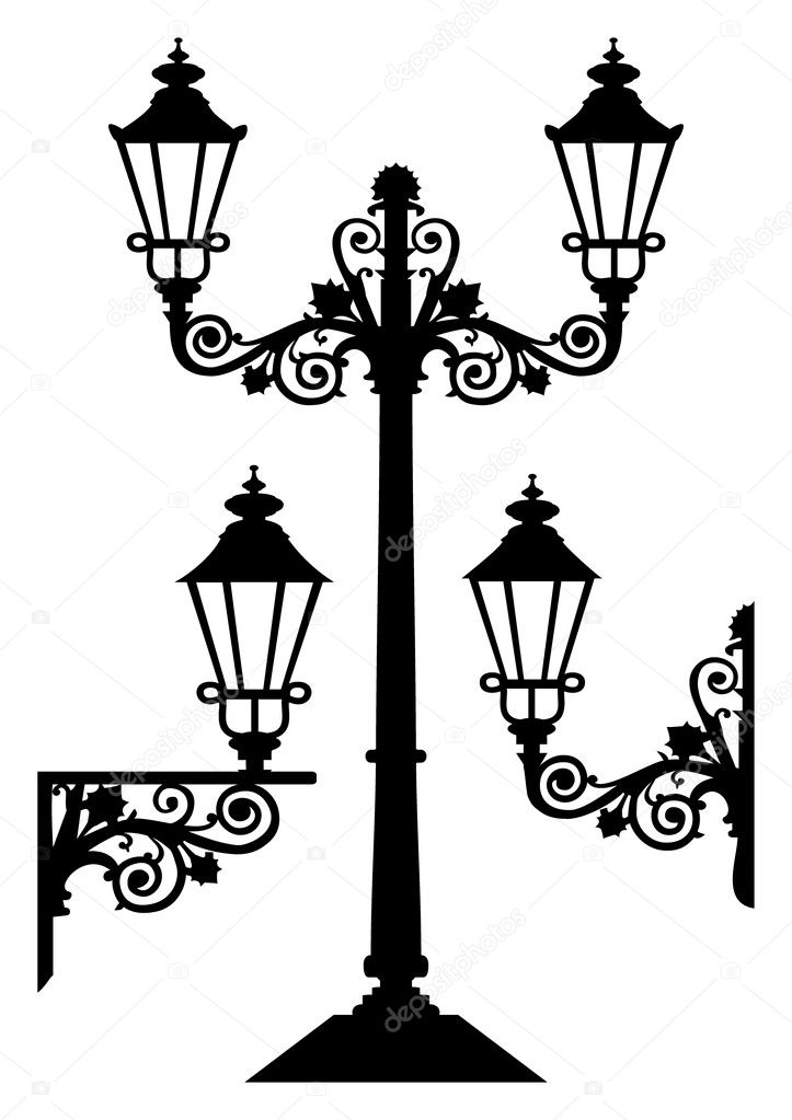 Set of silhouettes of lanterns or street lamps