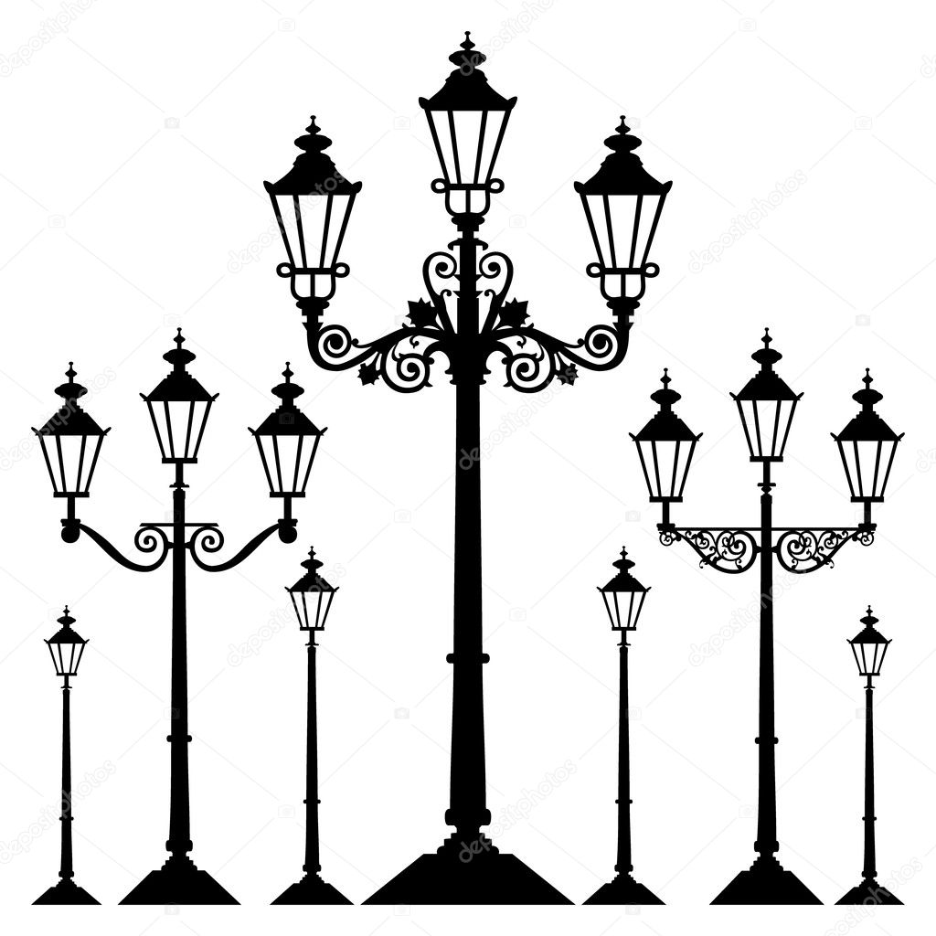 Set of antique retro street light lamps, isolated on white background, full scalable vector graphic.
