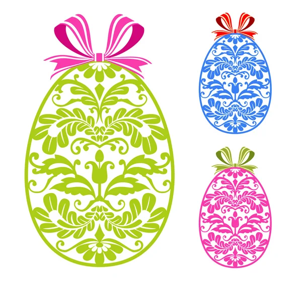 Colorful Eggs White Background Bow Ornaments Designs Three Variations Full — Stock Vector