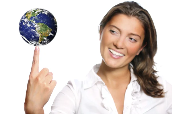 Beautiful young woman and the Earth — Stock Photo, Image