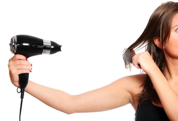 Woman and a hair dryer — Stock Photo, Image