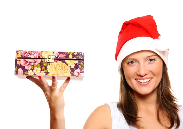 산타의 모자에서 아름 다운 소녀 — 스톡 사진