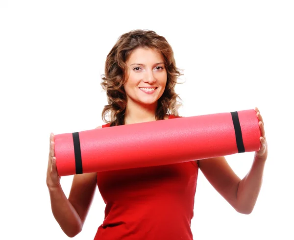 Mujer con una alfombra roja — Foto de Stock
