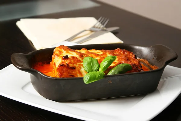 Lasagne Bolognese Met Zilveren Vork Houten Tafel — Stockfoto