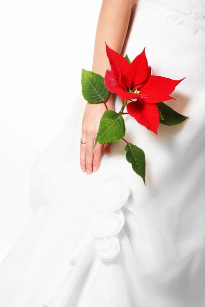 Uma Boa Imagem Noiva Segurando Uma Flor Vermelha Monte Espaço — Fotografia de Stock