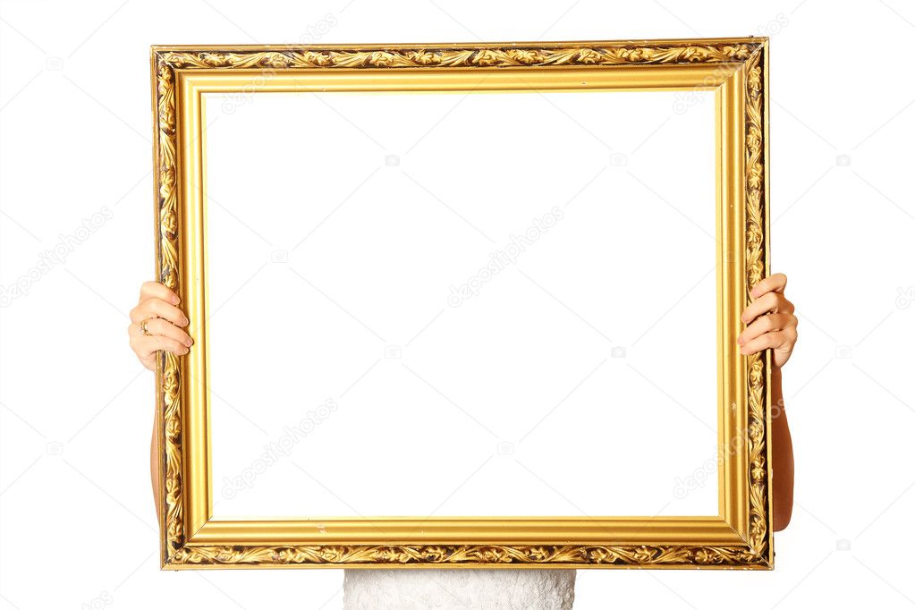 A picture of a young wife holding a golden frame over white background a lot of space for text