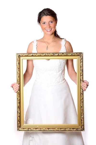Portrait Beautiful Bride Holding Golden Frame White Background — Stock Photo, Image