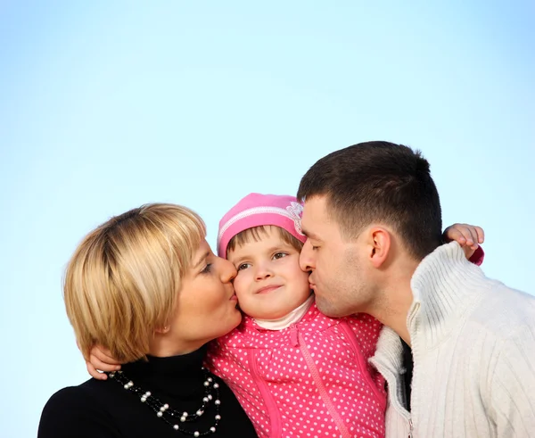Picture Parents Kissing Little Girl Blue Sky Lot Space Text — Stock Photo, Image
