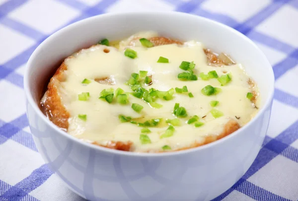 Picture Ofa Bowl Fresh French Onion Soup Baked Toast Cheese — Stock Photo, Image