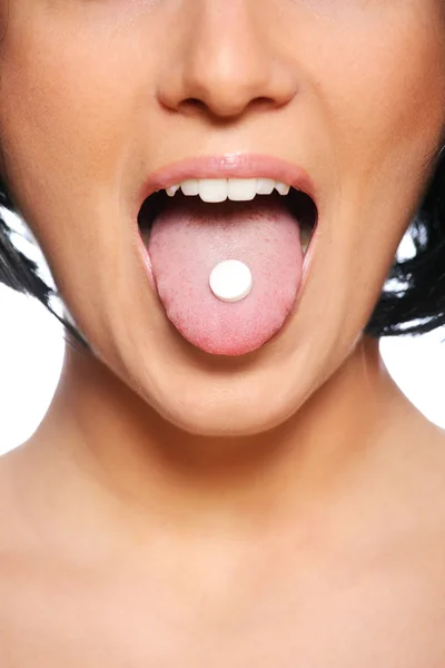 Una Imagen Una Lengua Femenina Con Una Tableta Blanca —  Fotos de Stock