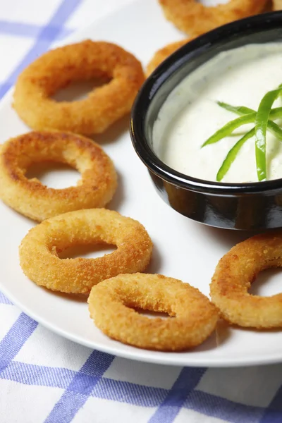 stock image A picture of a plate of onion rings with a garlic dip