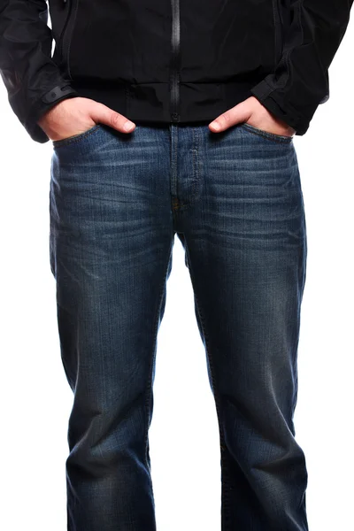 Una Foto Giovane Uomo Jeans Piedi Sfondo Bianco — Foto Stock