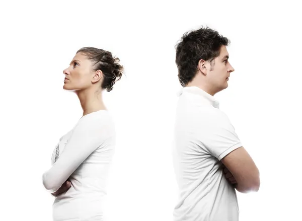 Picture Young Couple Turning Back White Background — Stok fotoğraf