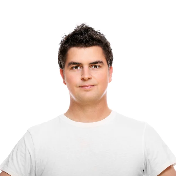 Portrét Pohledný Muž Tričku Stojící Nad Bílým Pozadím — Stock fotografie
