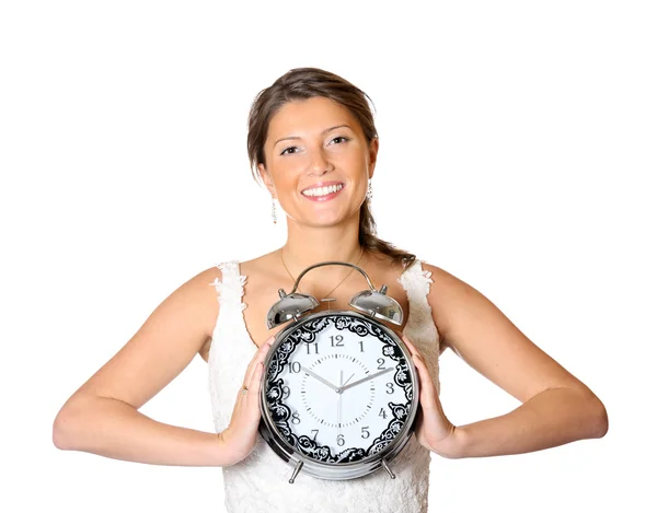 Uma Foto Uma Noiva Bonita Segurando Relógio Sobre Fundo Branco — Fotografia de Stock