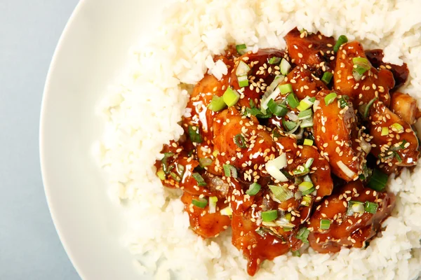 Close Portion Sesame Chicken Rice Served White Plate — Stock Photo, Image