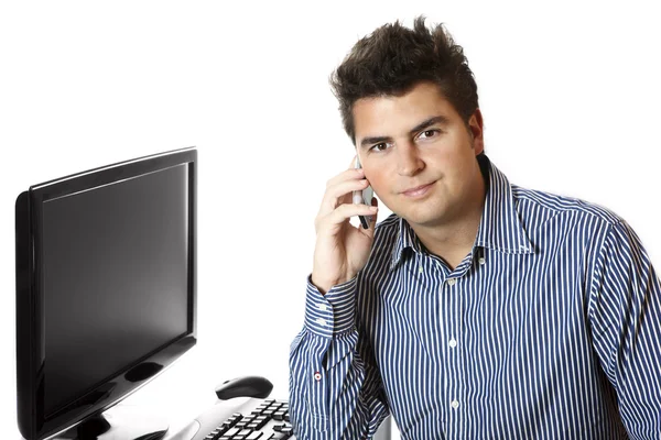 Picture Young Businessman Talking His Phone Office — Stock Photo, Image
